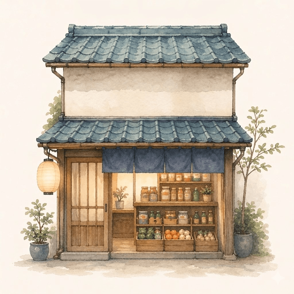 A small watercolor storefront with a navy tile roof, paper lantern, wooden door, and shelves of jars and produce inside. The blank sign holds the install command.